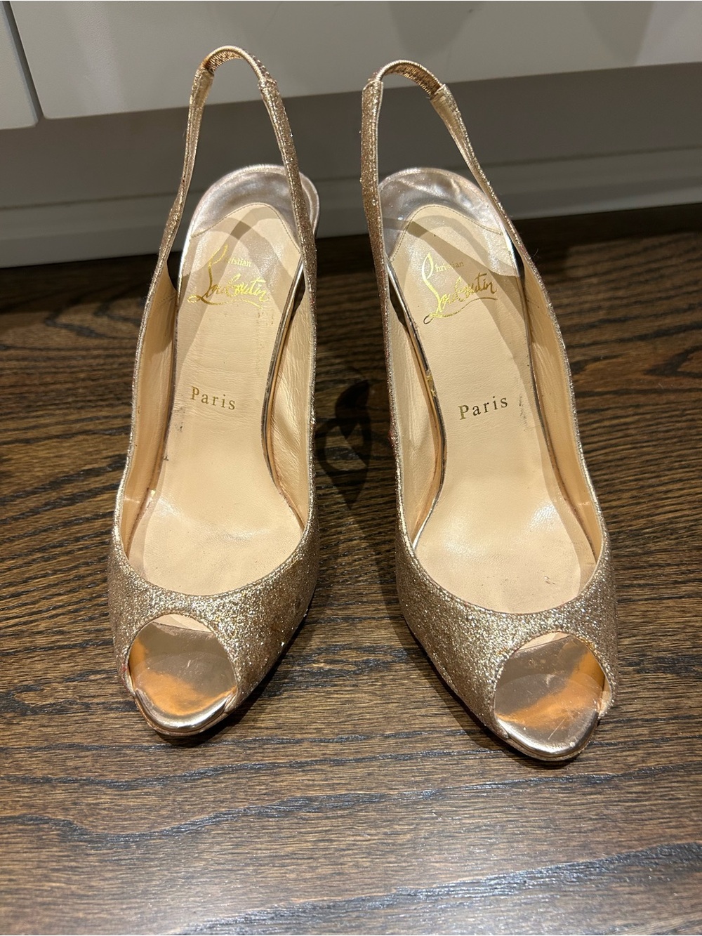 Christian Louboutin Gold Glitter Peep Toe Slingback Heels